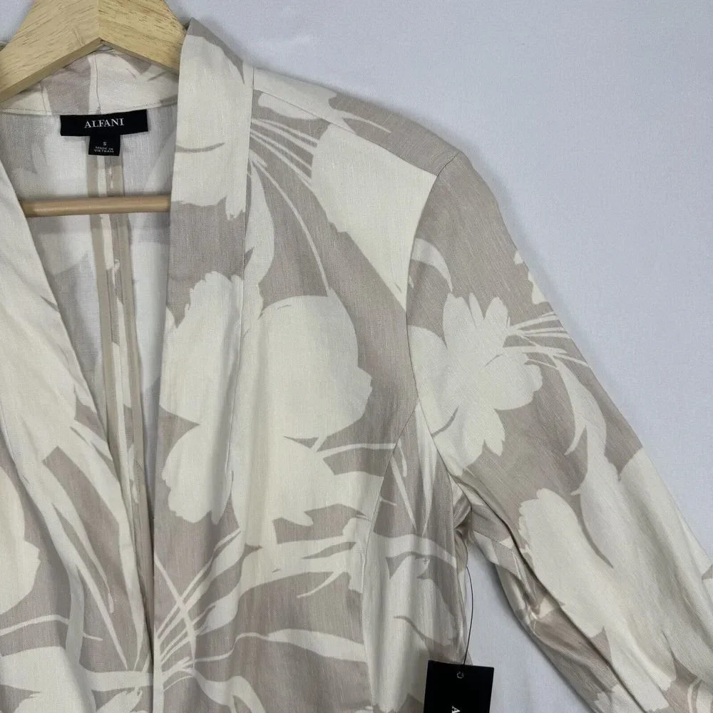 Alfani Floral Linen Cardigan Size Small Long Tan Draped Open Front Ruched Sleeve